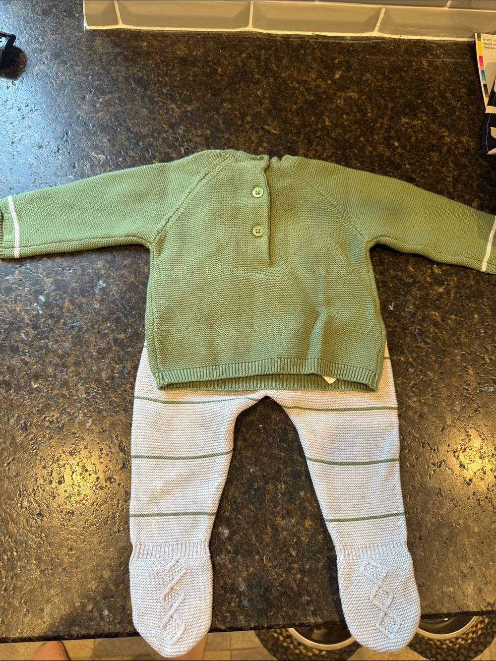Knit Baby Sweater and Footed Pants Set in Sage Green and Light Gray